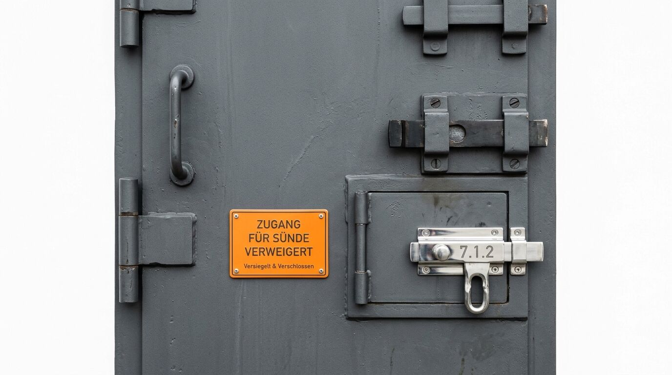 Alte Metalltür mit Vorhängeschloss, Riegeln und einem Schild
