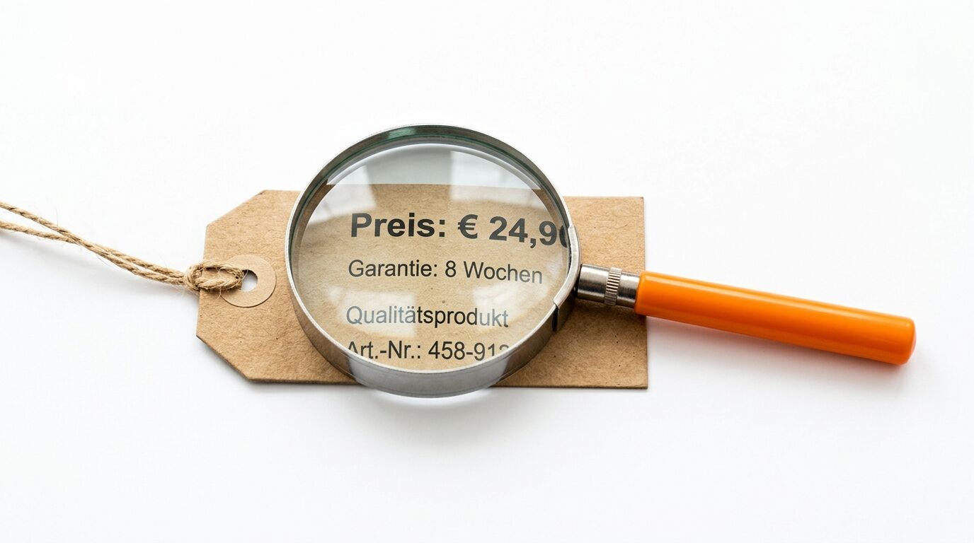 Lupe über Preisschild mit Text: Preis € 24,99, Garantie 8 Wochen, Qualitätsprodukt, Art.-Nr. 458-91