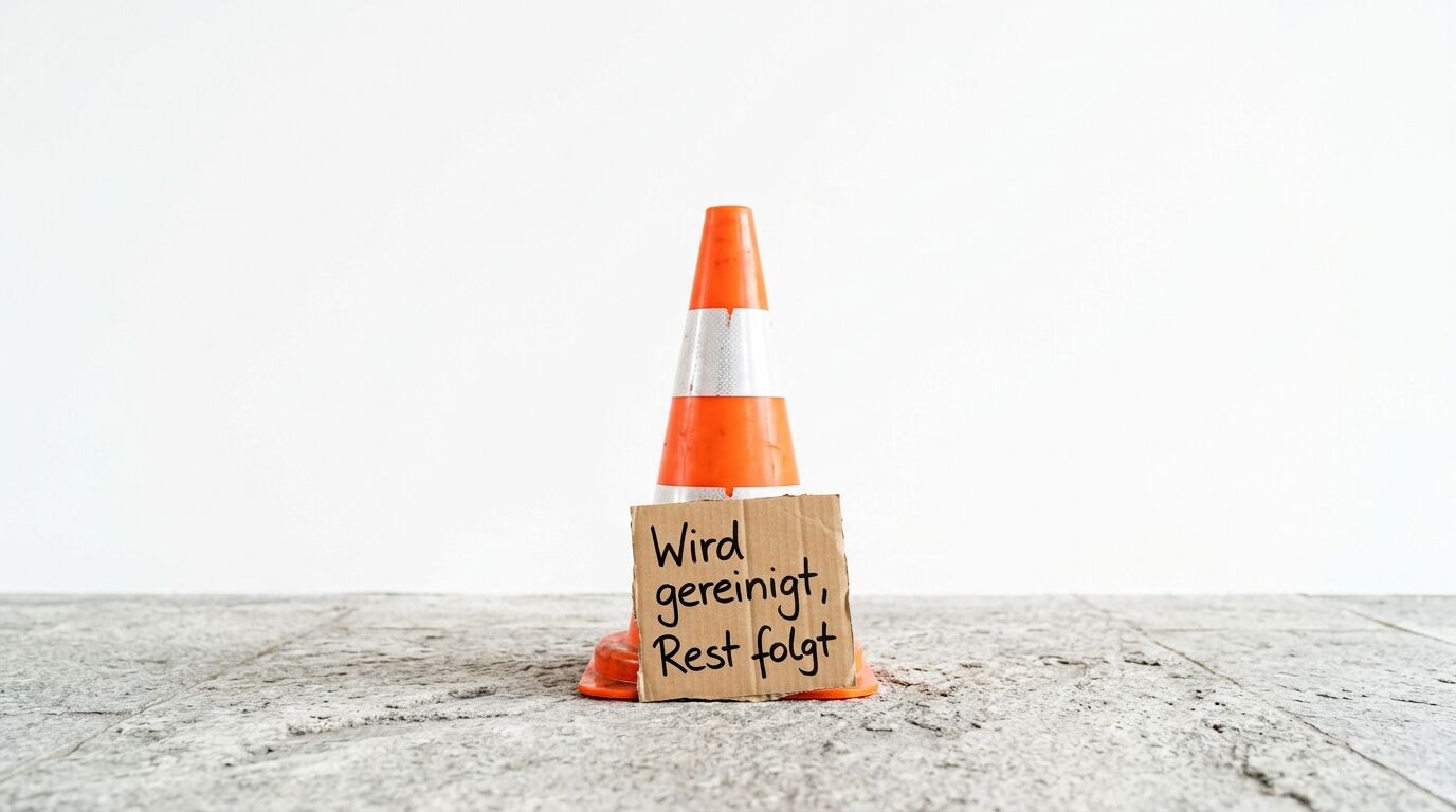 Verkehrskegel mit Schild "Wird gereinigt, Rest folgt" auf grauem Betonboden vor hellem Hintergrund