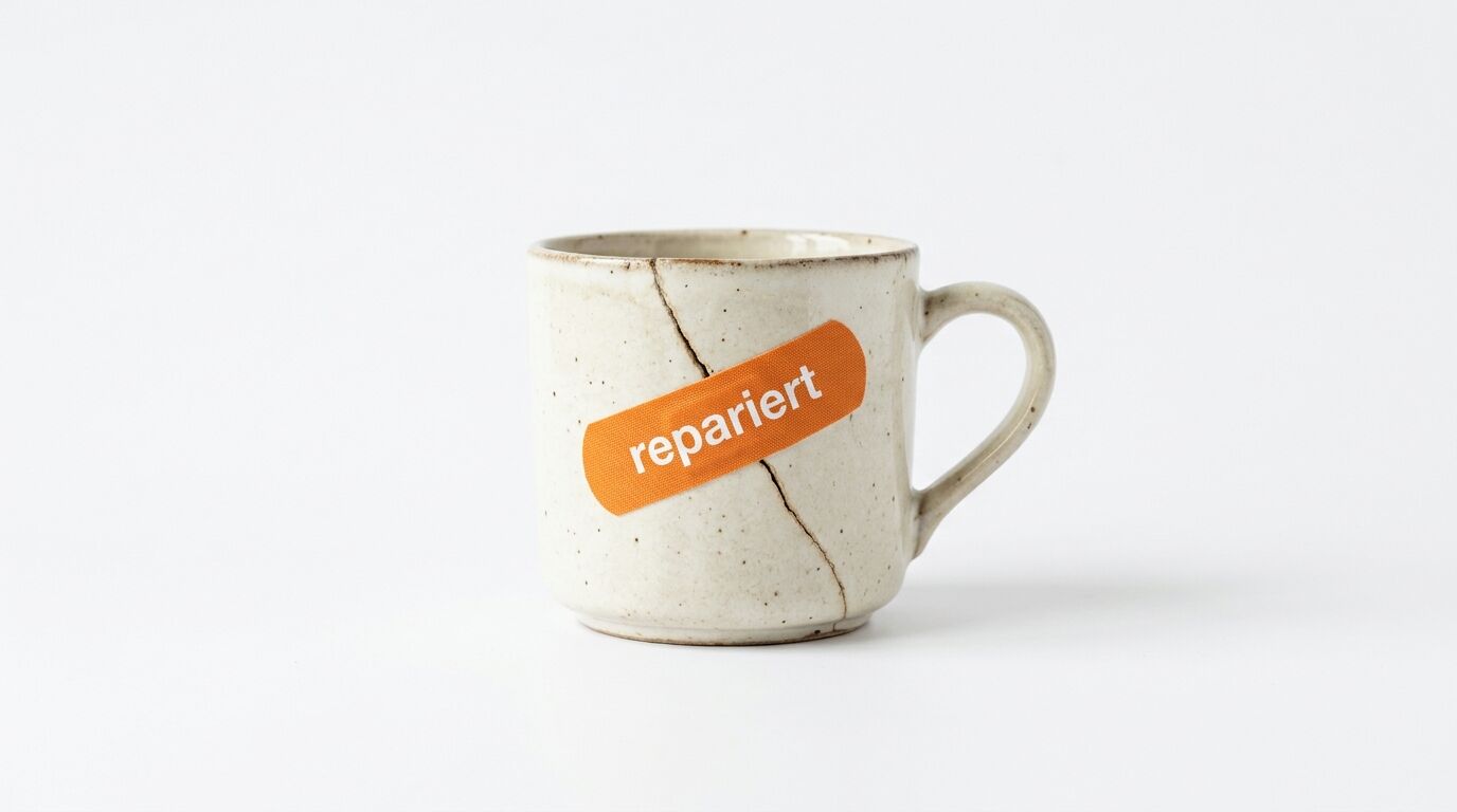 Beige Keramiktasse mit Riss und orangem Pflaster-Aufkleber mit der Aufschrift "repariert"