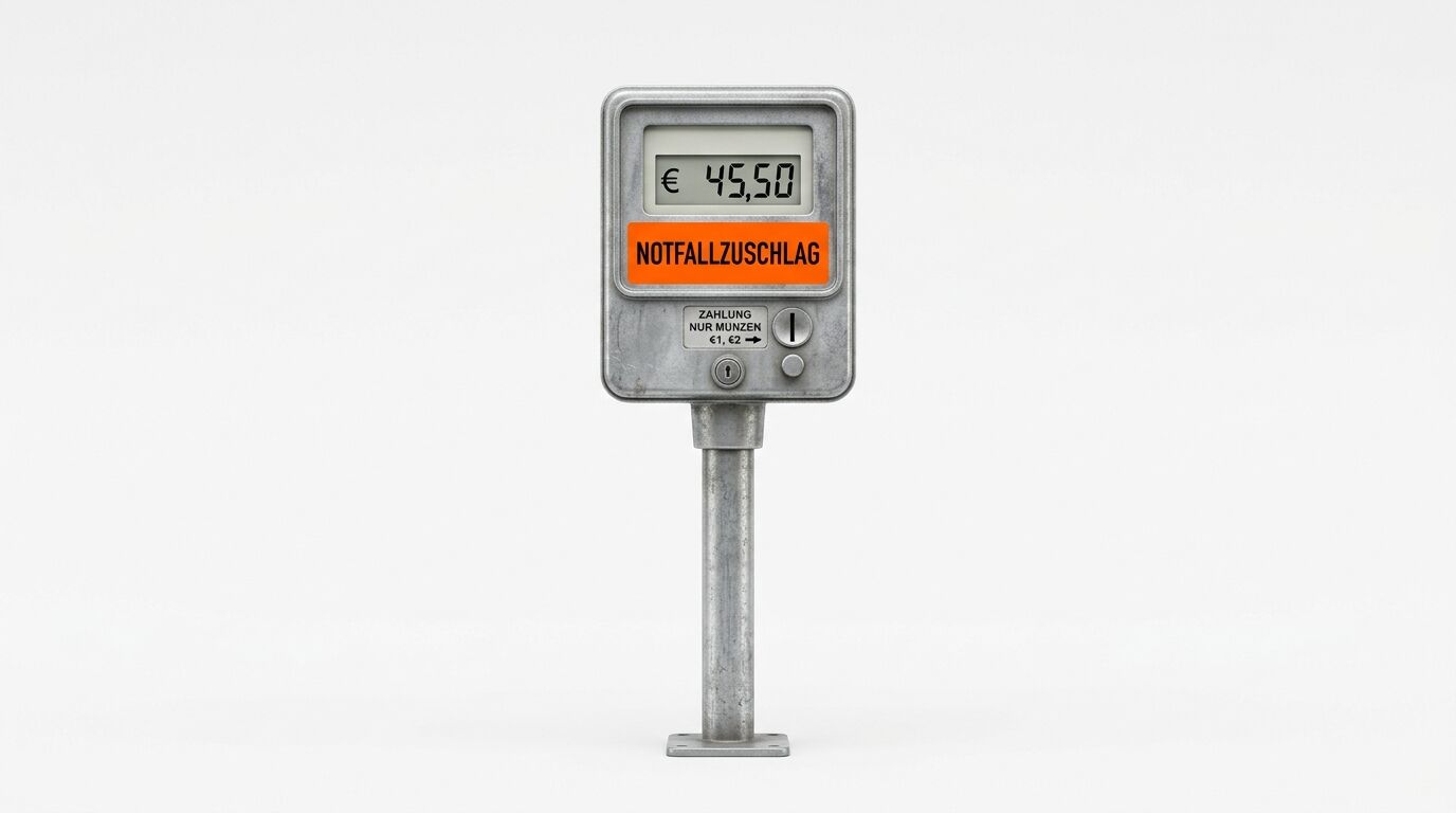 Parkuhr mit digitalem Display zeigt 45,50 Euro Notfallzuschlag, akzeptiert nur Münzen ab 1,62 Euro