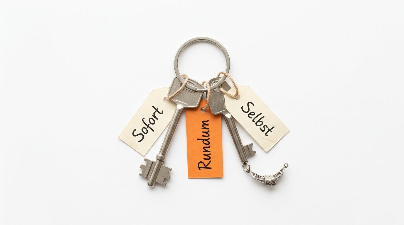 Schlüsselbund mit drei Anhängern: zwei beige Etiketten mit "Sofort" und "Selbst", eine orange mit "Rundum", an Metallring mit zwei Schlüsseln