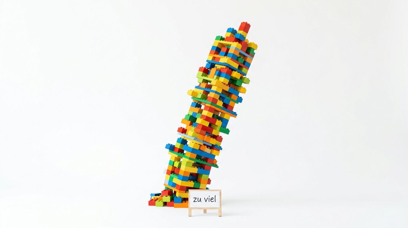 Ein wackeliger Turm aus bunten Legosteinen mit einem Schild "zu viel" darunter auf weißem Hintergrund