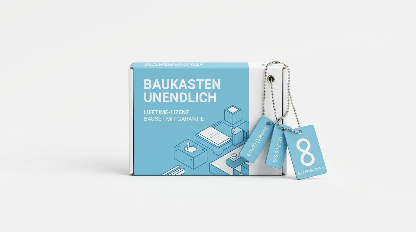 Blaue Produktbox mit Lizenz-Tags für "Baukasten Unendlich", zeigt Bauelemente und Preisangaben von 49,99€ und 8€