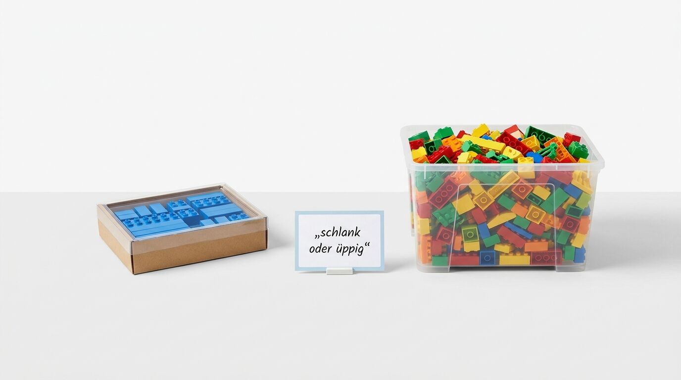 Drei Behälter mit Spielzeugen: blaueBausteine in Kartonbox, Schild "schlank oder üppig", bunte Legosteine in Kunststoffbox