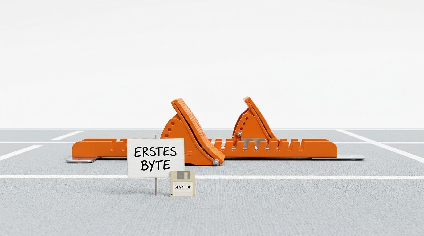 Startblöcke mit Schild „ERSTES BYTE“ und Diskette auf einer Laufbahn