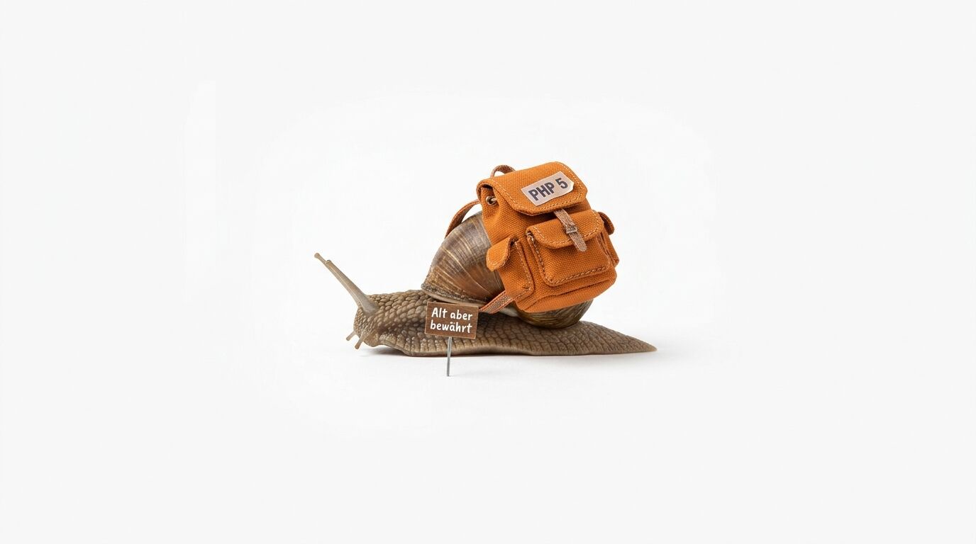Schnecke mit PHP-Rucksack und „Alt aber bewährt“-Schild