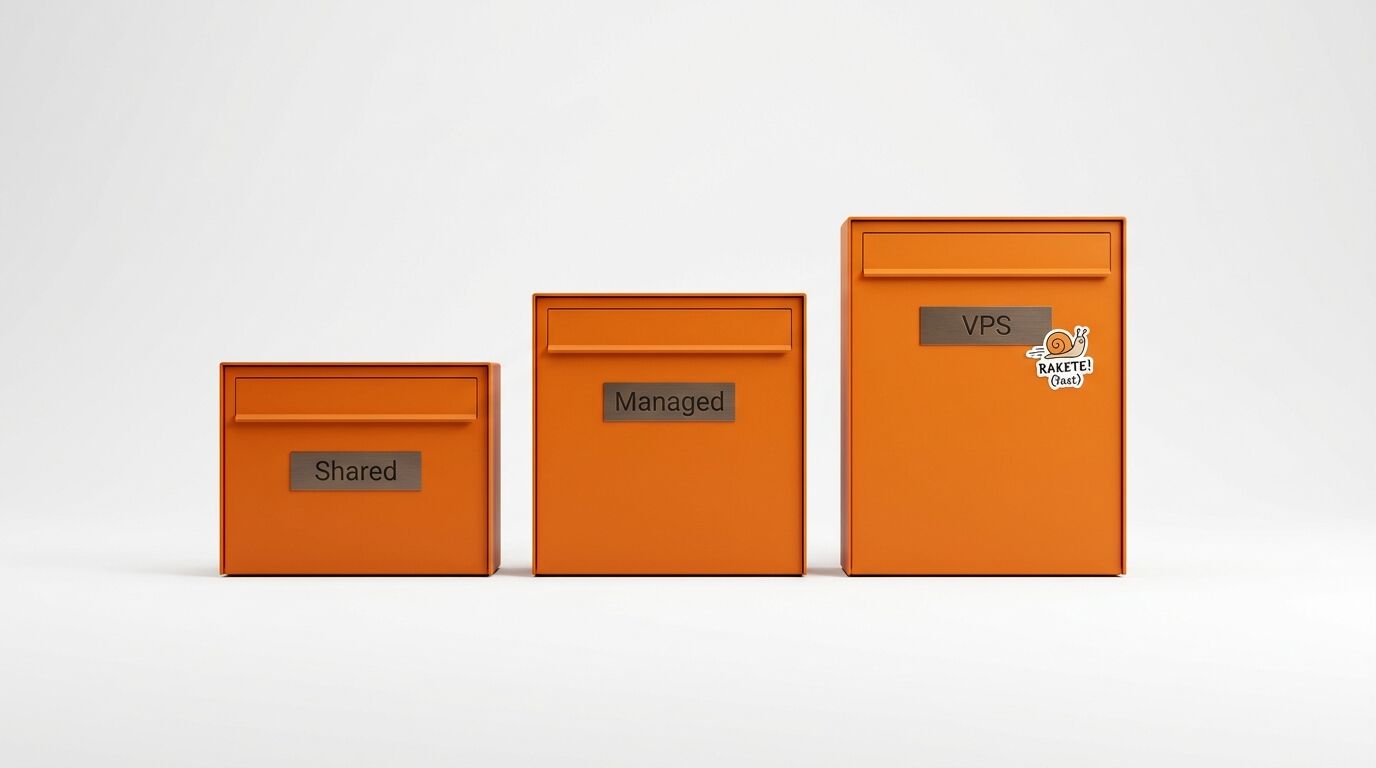 Drei orange Briefkästen in aufsteigender Größe mit Beschriftungen Shared, Managed, VPS
