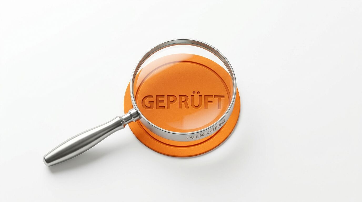 Eine Lupe über einem orangen Stempel mit dem Wort „GEPRÜFT“