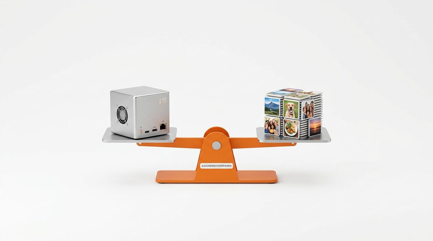Orange Waage hält einen Metall-Computerwürfel und einen Fotowürfel im Gleichgewicht