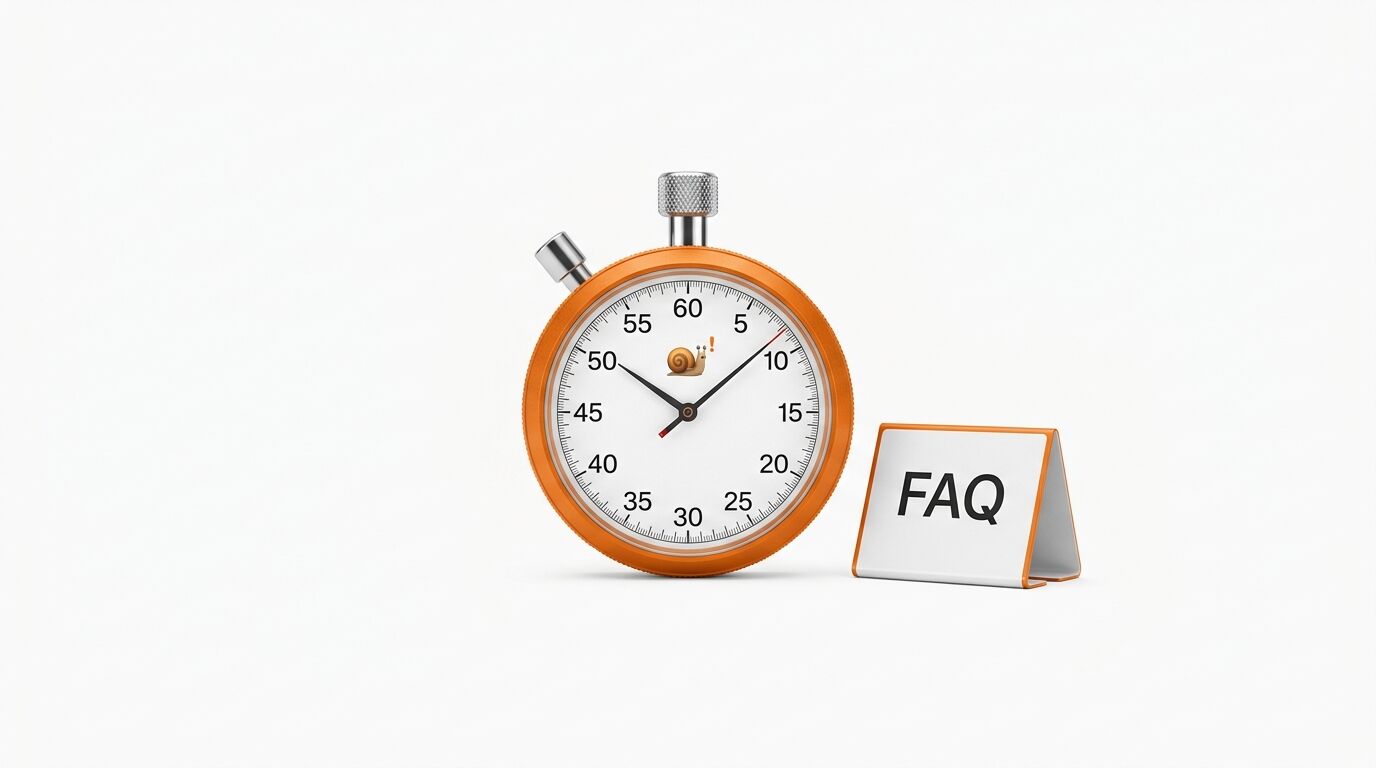 Eine orangefarbene Stoppuhr mit Schnecken-Symbol steht neben einem Schild mit der Aufschrift „FAQ“