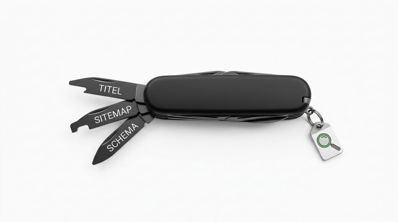 Schwarzes Multitool mit drei ausklappbaren Blättern, beschriftet mit "TITEL", "SITEMAP" und "SCHEMA". Ein Schlüsselanhänger mit grünem Kreis ist befestigt