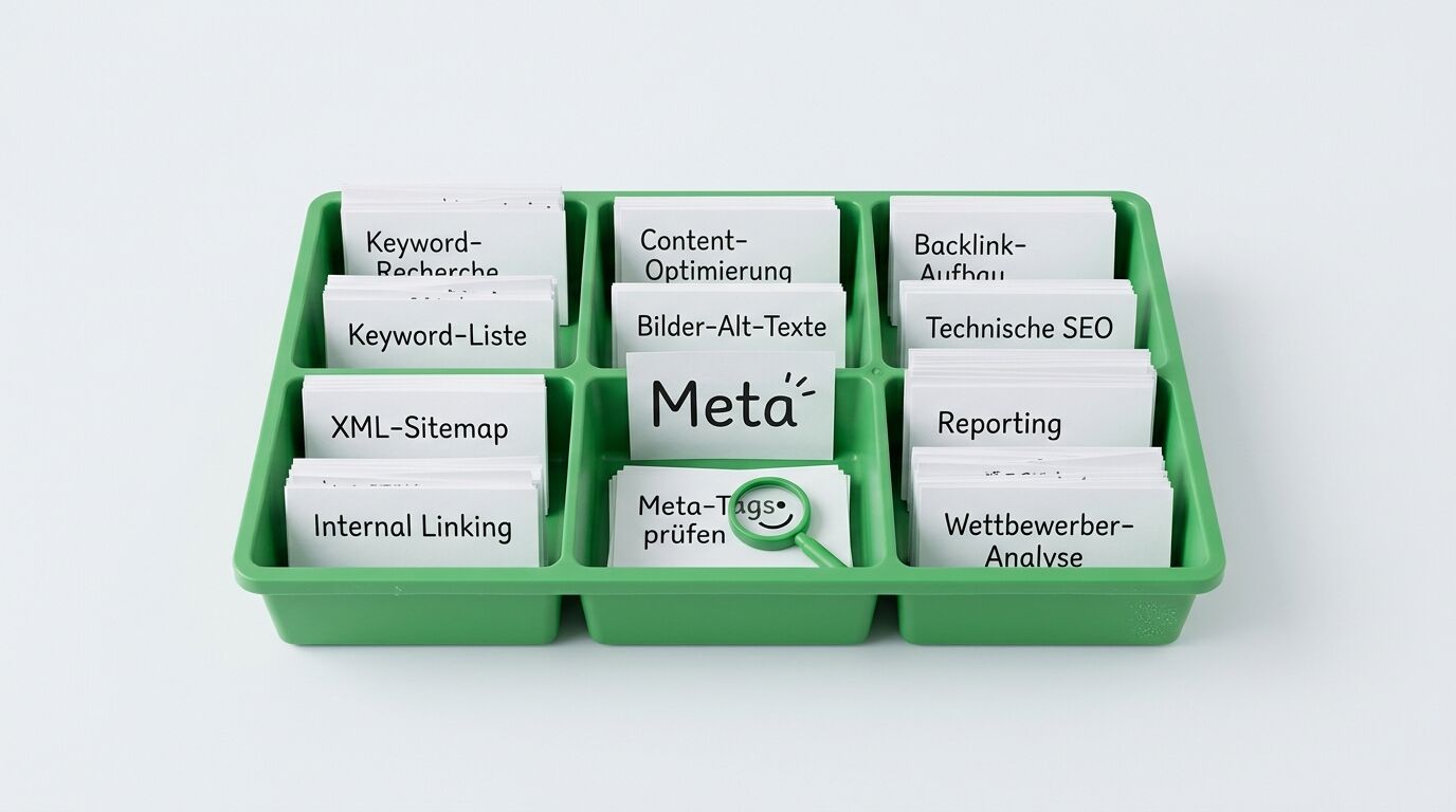 Eine grüne Kunststoffbox mit neun Fächern, gefüllt mit beschrifteten Karten zu SEO-Themen wie Keyword-Recherche, Content-Optimierung und Backlink-Aufbau
