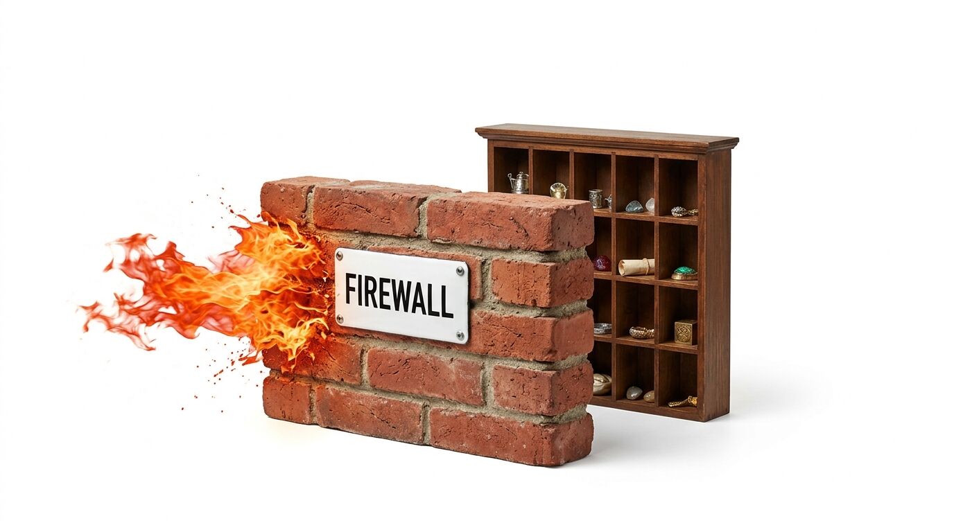Brennende Ziegelmauer mit Schild „FIREWALL“ schützt Holzsetzkasten vor weißem Hintergrund
