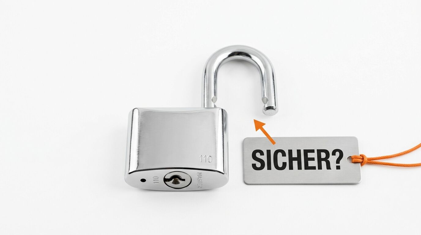 Ein offenes Vorhängeschloss aus Chrom mit der Aufschrift „SICHER?“ auf einem Schild und Pfeilen