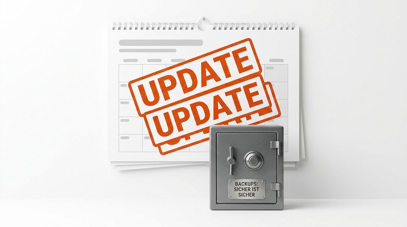 Kalender mit Stempel „UPDATE UPDATE“ und Safe mit Text „BACKUPS: SICHER IST SICHER“