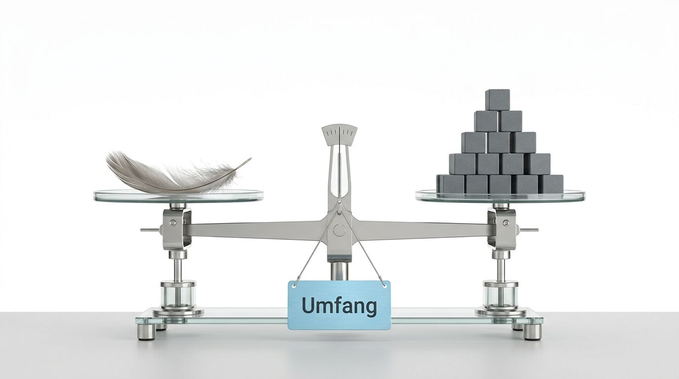 Eine Waage mit einer Feder auf der linken und Metallwürfeln auf der rechten Seite, beschriftet mit "Umfang"