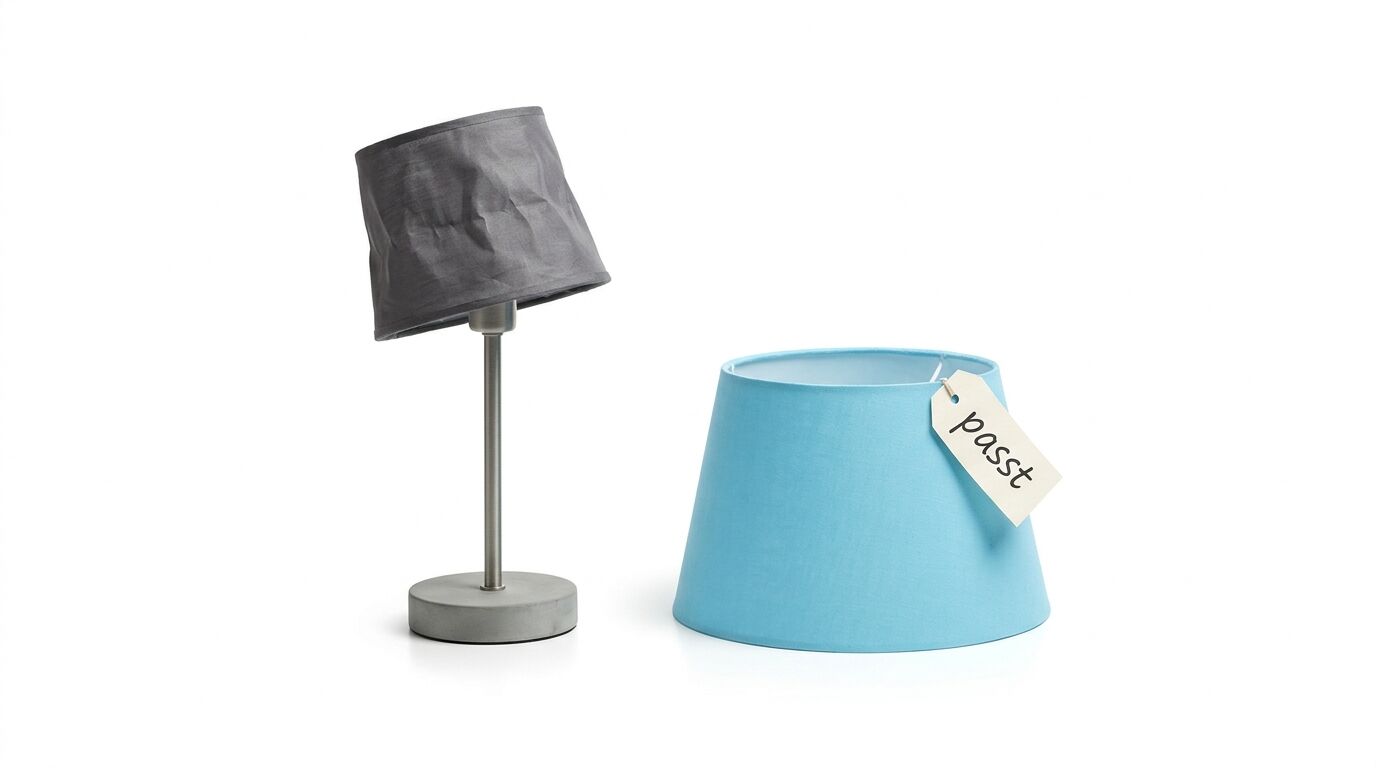 Eine graue Tischlampe neben einem blauen Lampenschirm mit "passt"-Etikett auf weißem Hintergrund