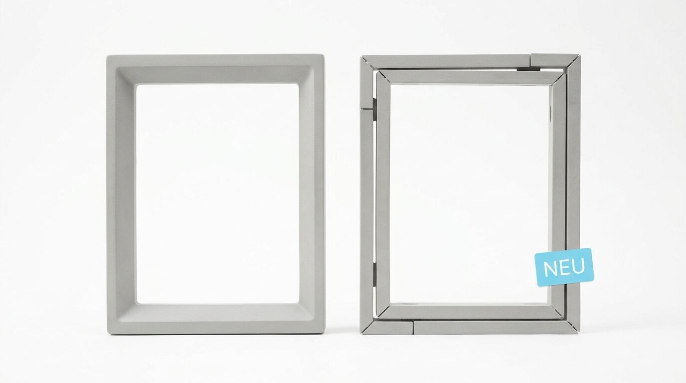 Zwei graue Kunststoffrahmen nebeneinander. Links einfacher Rahmen, rechts neuer Rahmen mit sichtbaren Scharnieren und "NEU"-Etikett