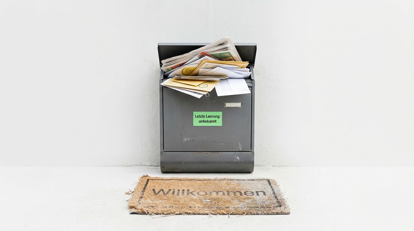 Übervoller Briefkasten an einer Wand mit Willkommensmatte und grünem Hinweisschild "Letzte Leerung: unbekannt"