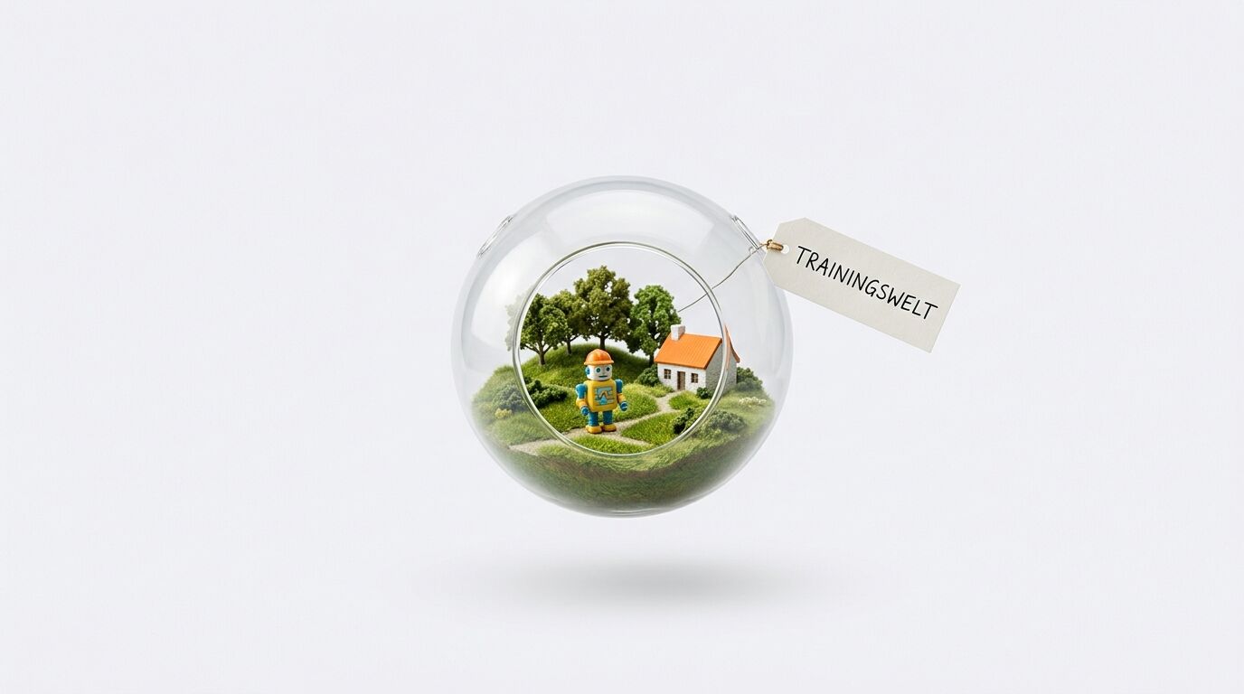 Glaskugel-Miniaturlandschaft mit Roboter, Haus, Wald und „TRAININGSWELT“-Schild auf Weiß