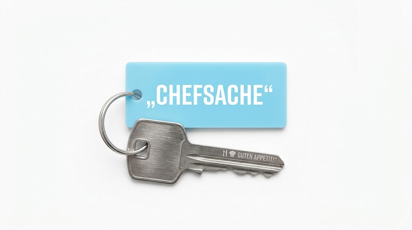 Ein Metallschlüssel mit blauem Anhänger „CHEFSACHE“ und Gravur vor weißem Hintergrund