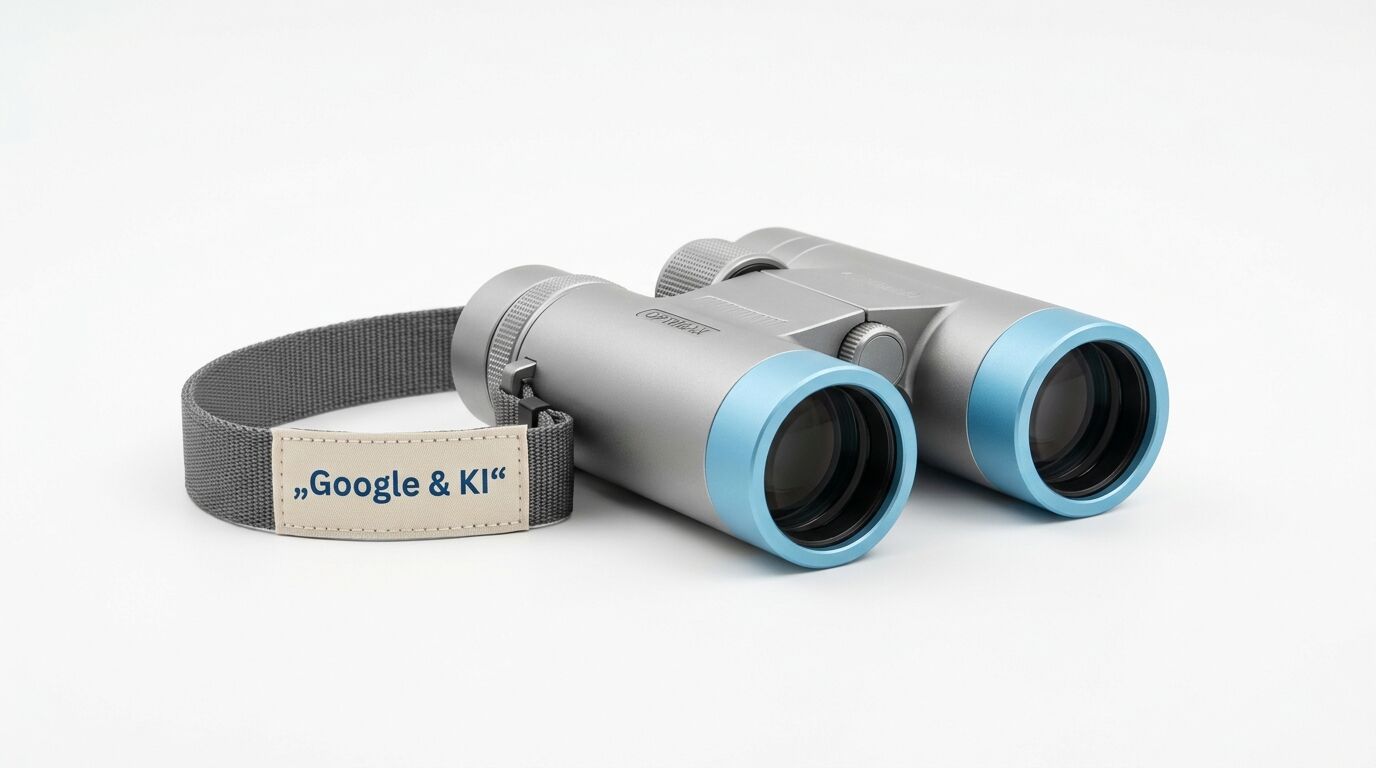 Silbernes Fernglas mit blauen Ringen und einem grauen Riemen mit der Aufschrift „„Google & KI““