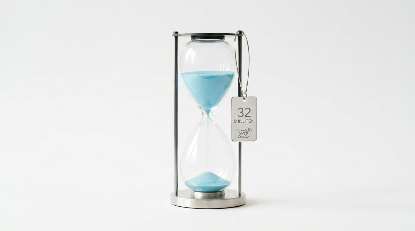 Sanduhr mit blauem Sand und Anhänger vor weißem Hintergrund