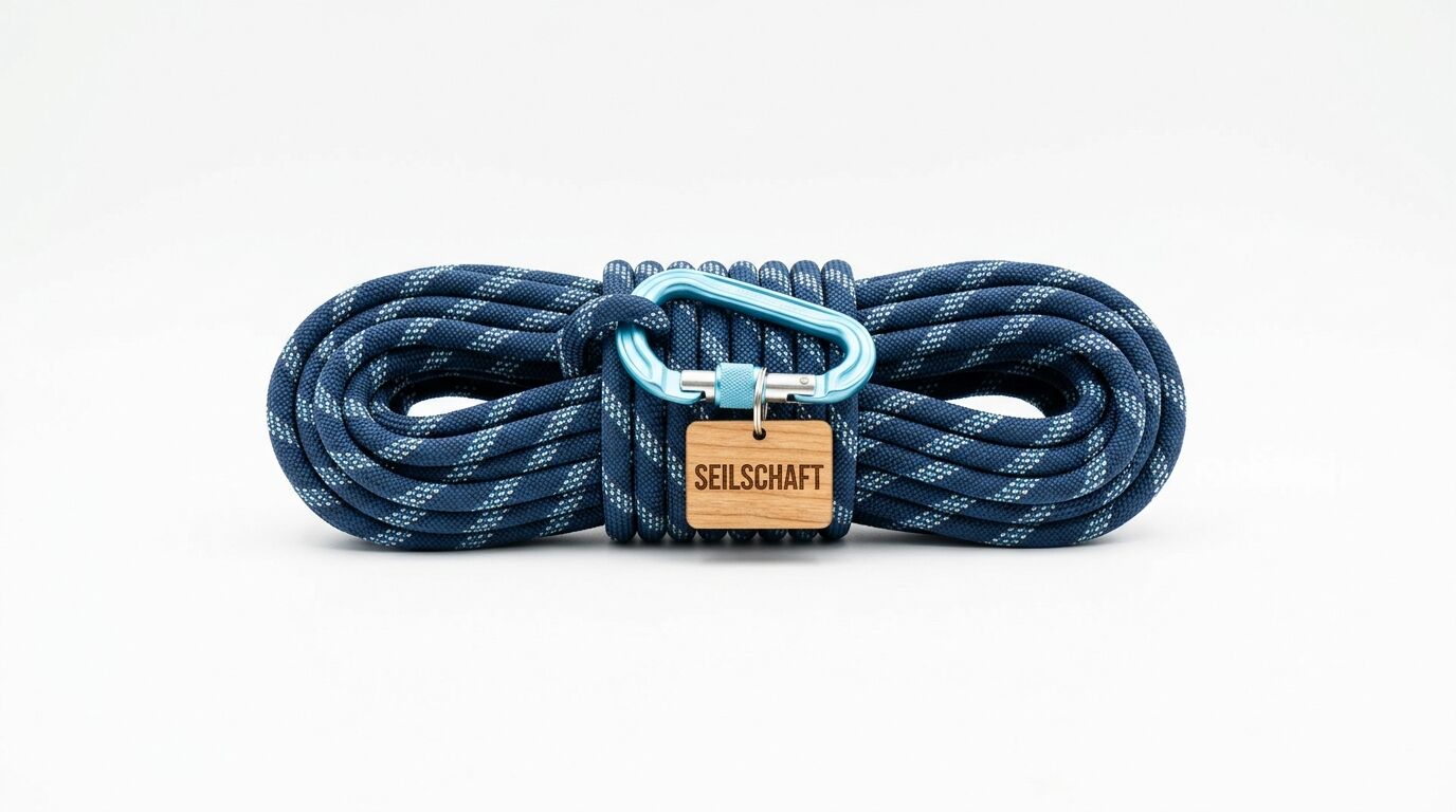 Gepacktes blaues Seil mit Karabiner und Holzschildchen SEILSCHAFT vor weißem Hintergrund