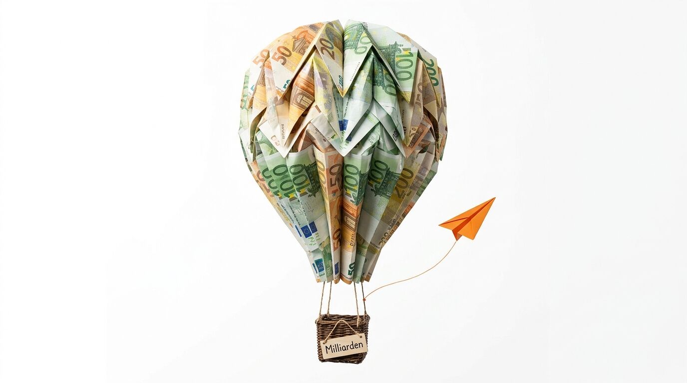 Heißluftballon aus Euro-Geldscheinen, Korb mit „Milliarden“-Schild, daneben ein Papierflieger