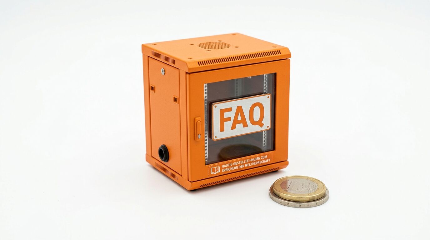 Orangefarbener Mini-Schrank mit Glasfront und „FAQ“-Schild sowie eine Zwei-Euro-Münze daneben
