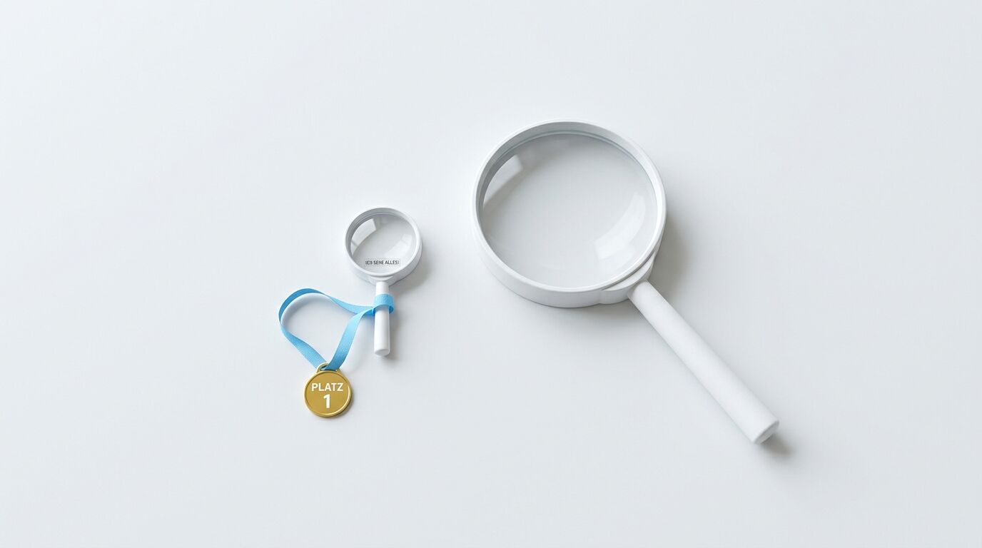 Eine große und eine kleine Lupe, die eine Goldmedaille mit einem blauen Band hält