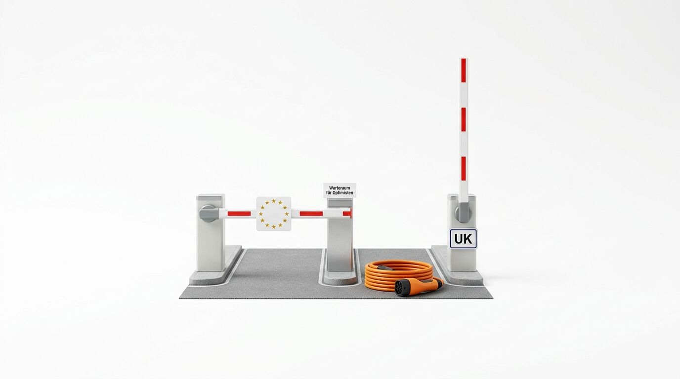 Zwei Schrankenanlagen, eine geschlossen mit EU-Fahne und Schilder, eine offen mit UK-Schild und Kabel