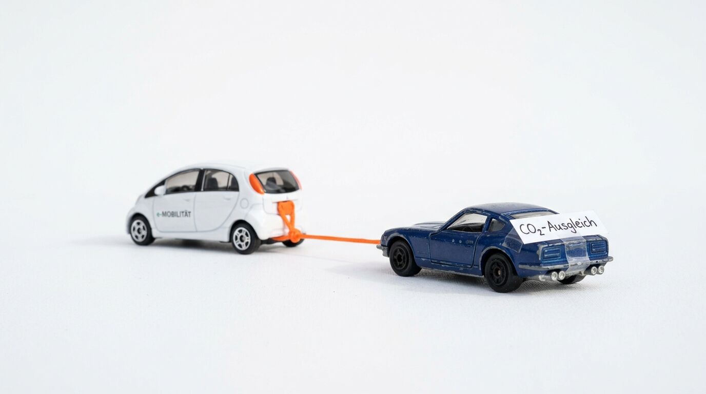 Zwei Spielzeugautos, ein weißes und ein blaues, sind mit einem orangen Seil verbunden