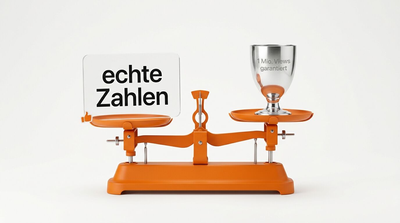 Orange Waage mit Schild "echte Zahlen" links und Glas mit "1 Mio. Views garantiert" rechts auf grauem Hintergrund