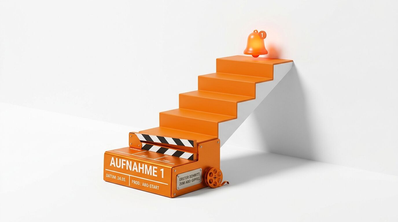 Orangefarbene Filmklappe mit Treppe und Glocke mit Benachrichtigungsicon auf grauem Hintergrund