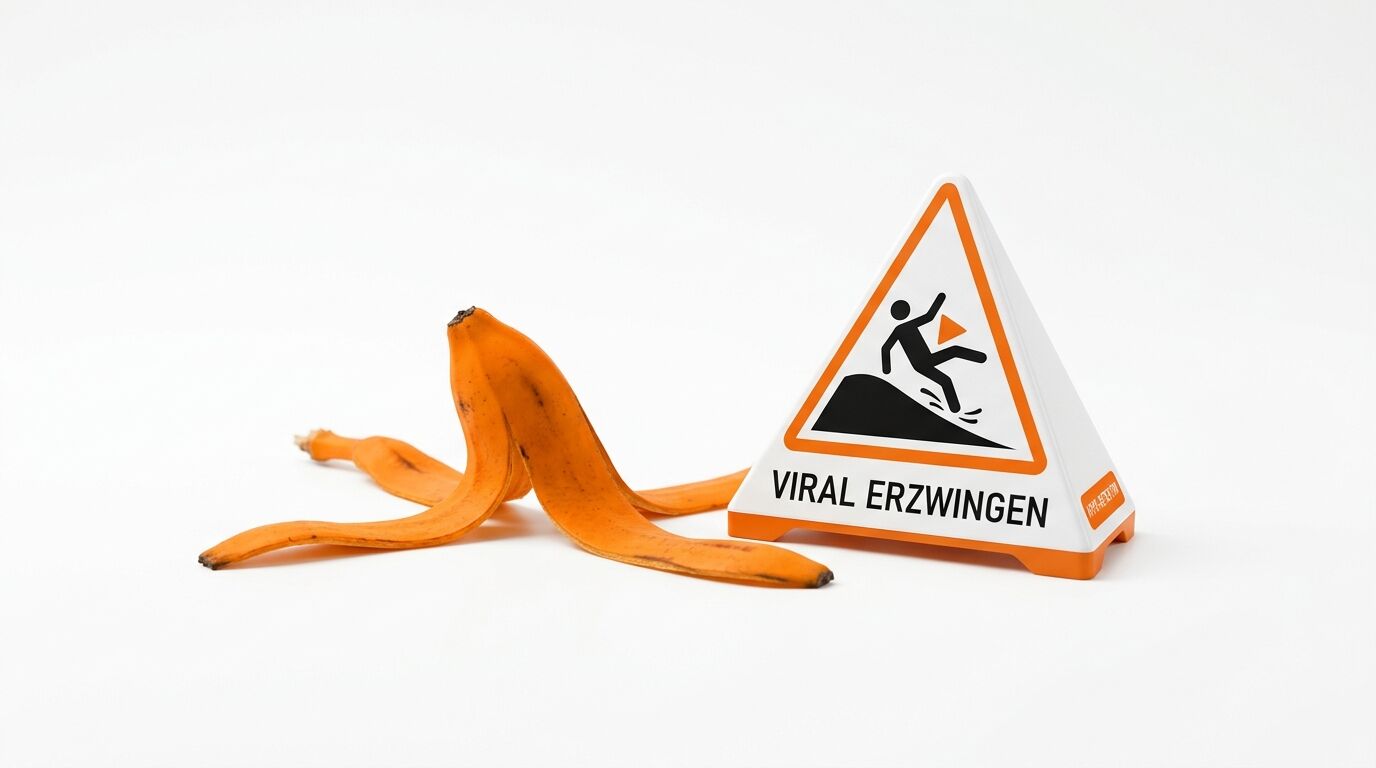 Orangene Bananenschale neben Warnschild mit Text "VIRAL ERZWINGEN" und Rutschgefahr-Symbol