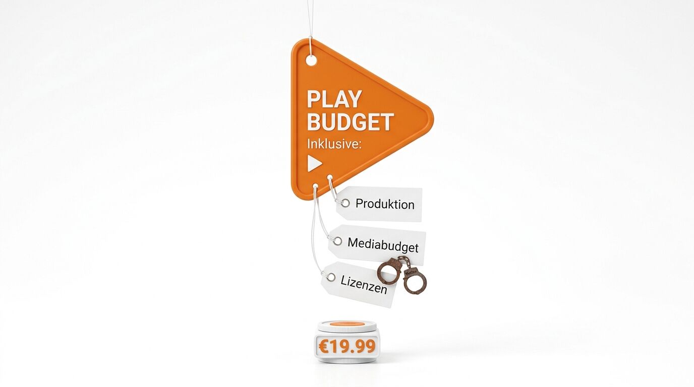 Orange Preisschild mit Play-Button zeigt "PLAY BUDGET Inklusive" mit drei Kategorien: Produktion, Mediabudget, Lizenzen für €19,99