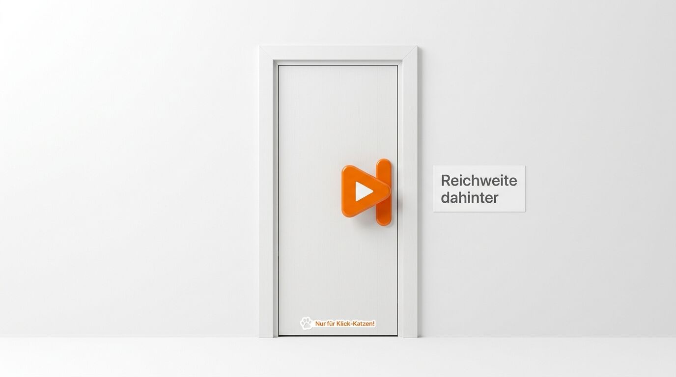 Weiße Tür mit großem orangem Play-Button-Logo und Text "Reichweite dahinter" sowie "Nur für Klick-Katzen!"