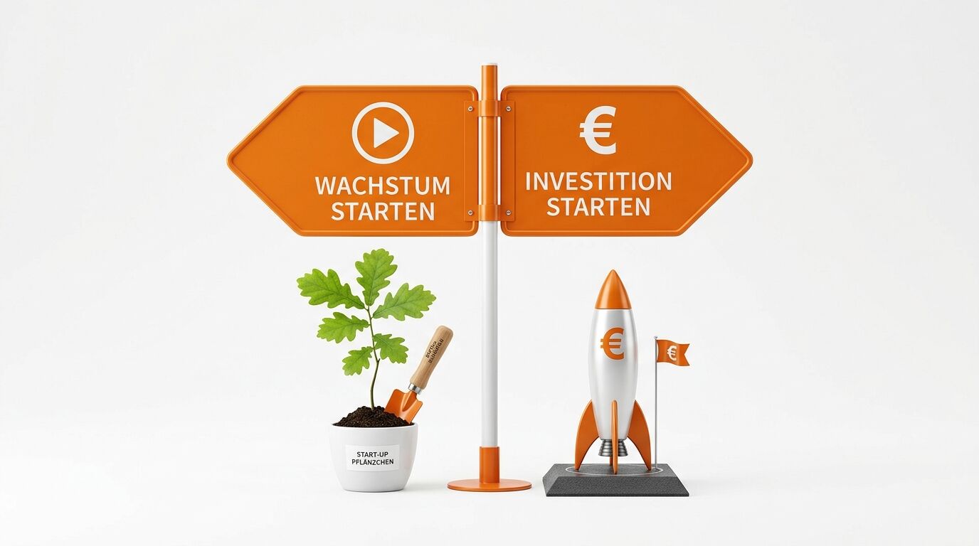 Orange Wegweiser mit "Wachstum starten" und "Investition starten", daneben Pflanze und Rakete mit Eurosymbolen