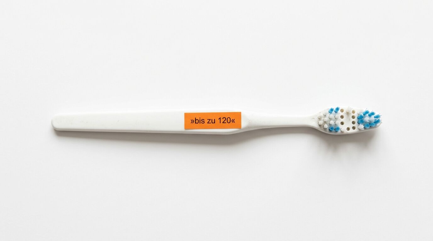 Weiße Zahnbürste mit orangefarbenem Schild »bis zu 120« vor weißem Hintergrund