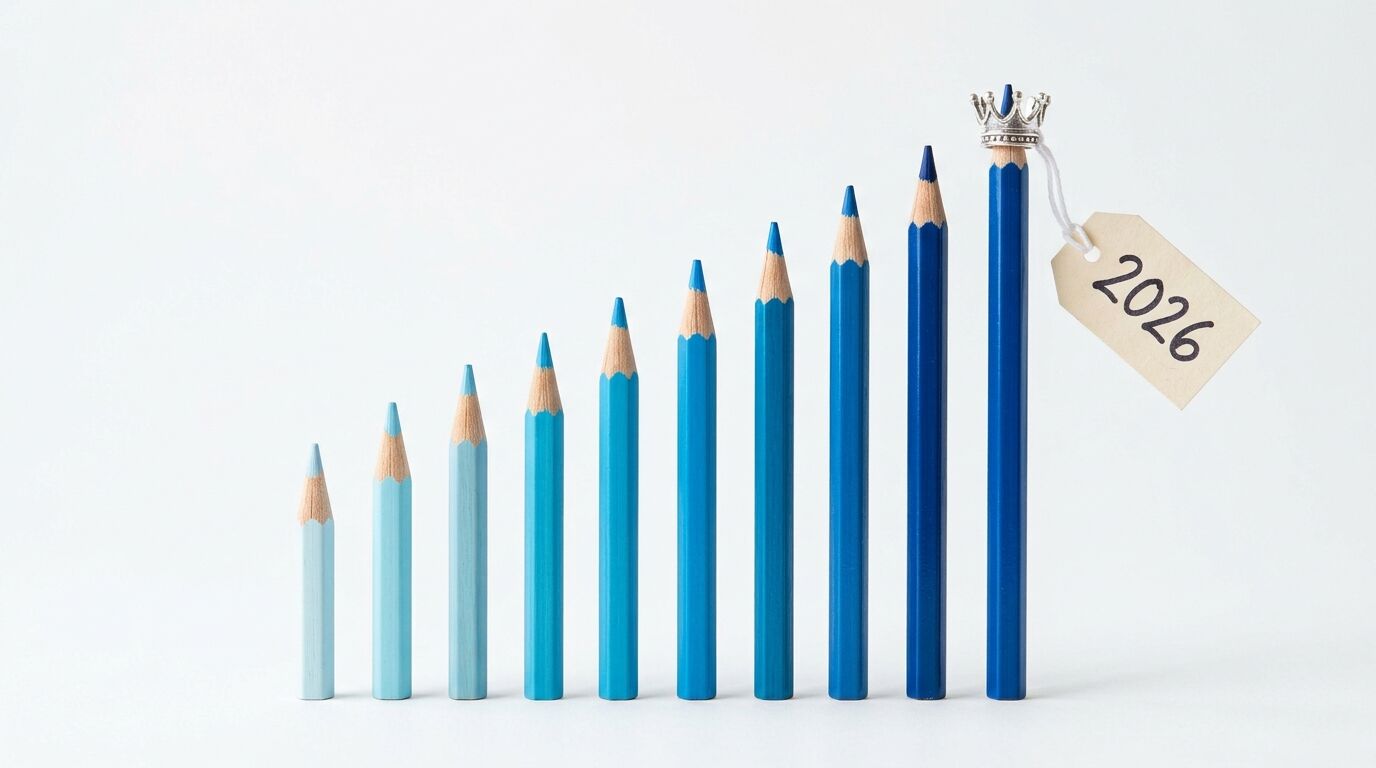 Aufsteigende Reihe blauer Buntstifte; Krone und 2026-Schild am höchsten Stift