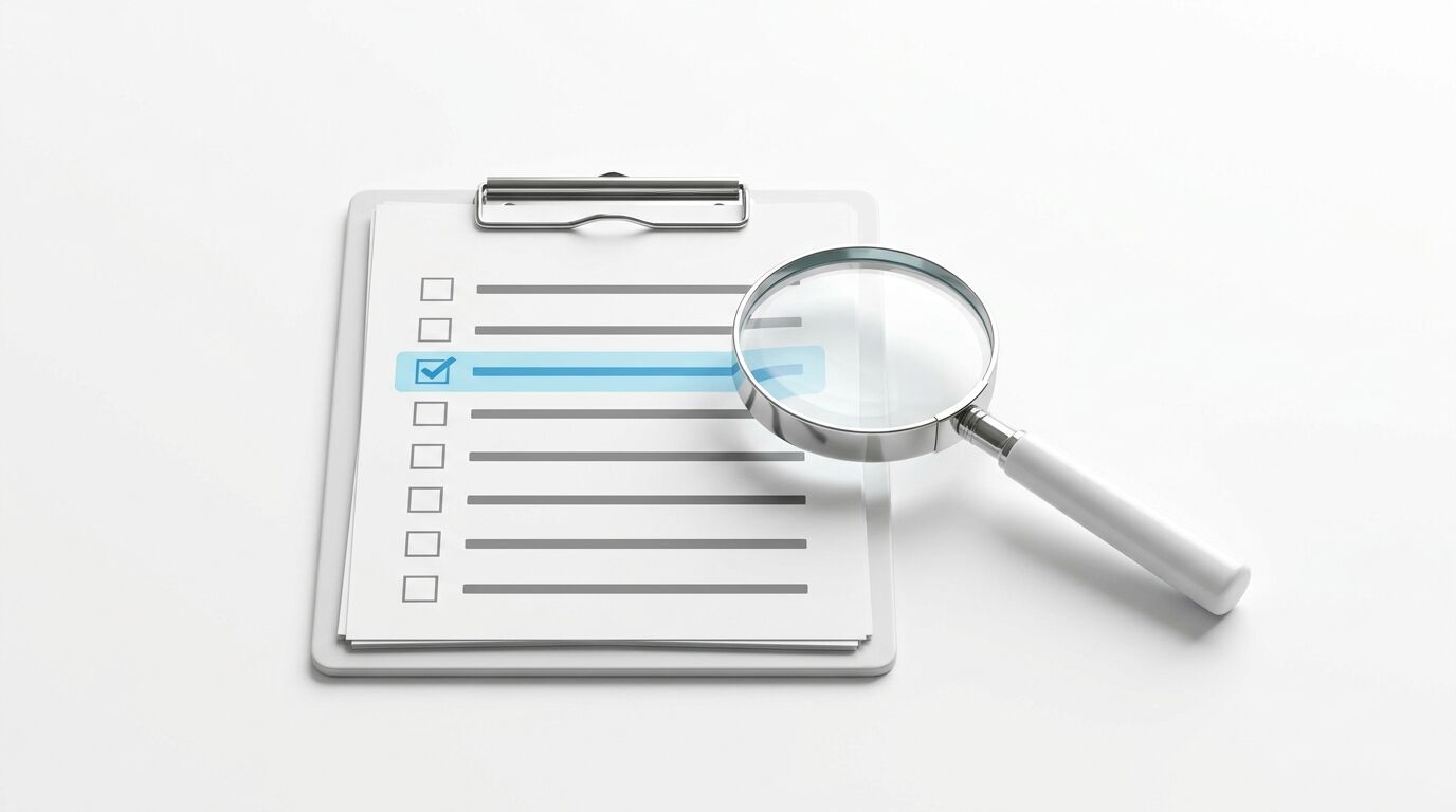 Klemmbrett mit Checkliste und Lupe. Eine Option ist blau markiert und angehakt, andere sind unchecked