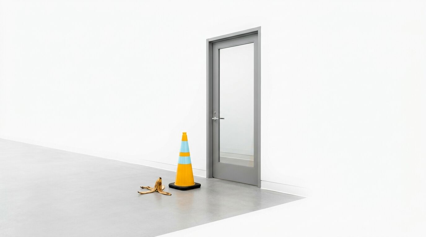 Eine graue Tür mit Glaseinsatz, daneben ein Verkehrskegel und eine Bananenschale auf hellem Untergrund