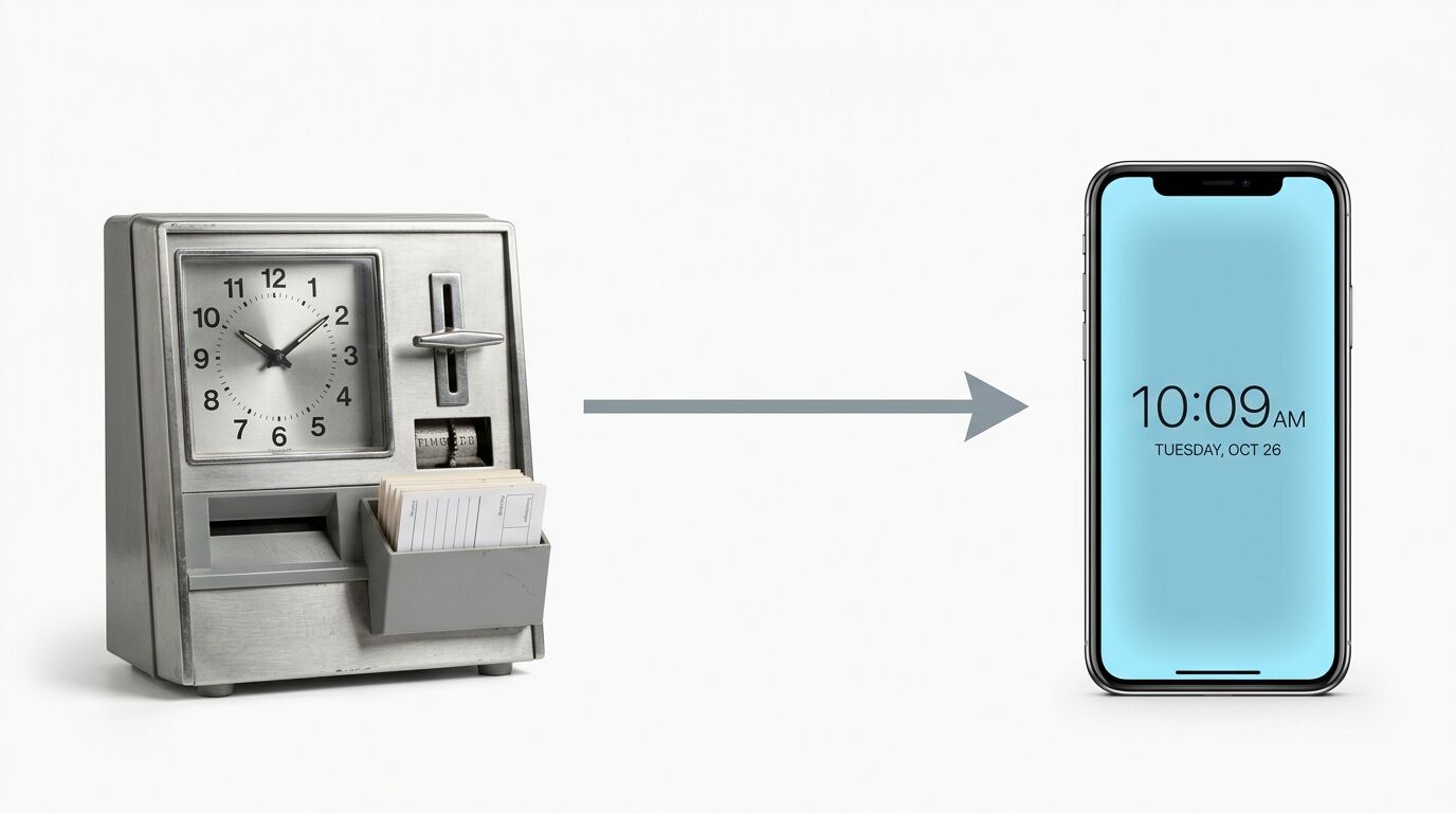 Eine alte Zeiterfassungsuhr wird zu einem modernen Smartphone mit digitaler Zeitanzeige umgewandelt