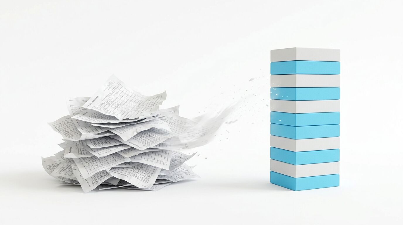 Chaotischer Papierstapel links versus ordentlich gestapelte, blau-weiße Blöcke rechts auf weißem Hintergrund