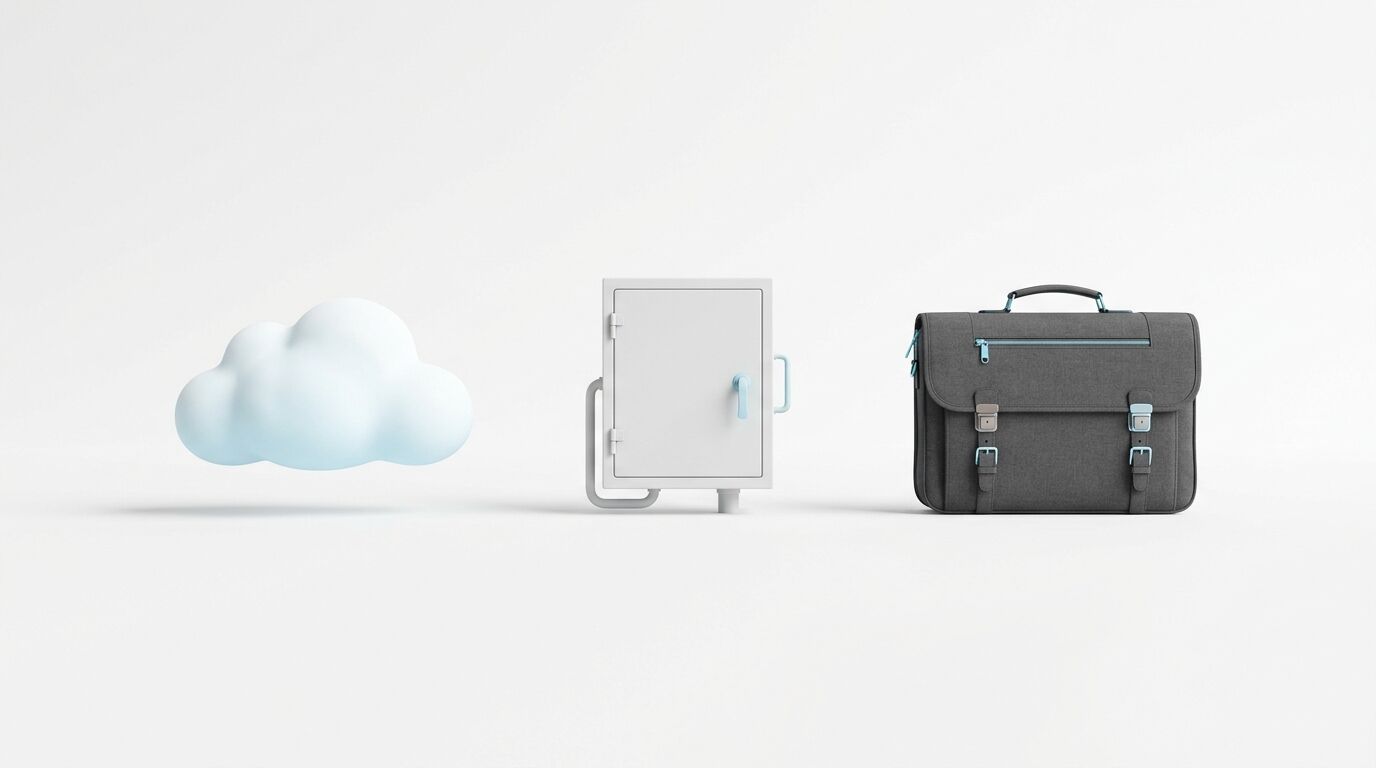 Drei 3D-Objekte auf grauem Hintergrund: eine weiße Wolke links, ein weißer Speicher/Safe in der Mitte, eine graue Aktentasche rechts