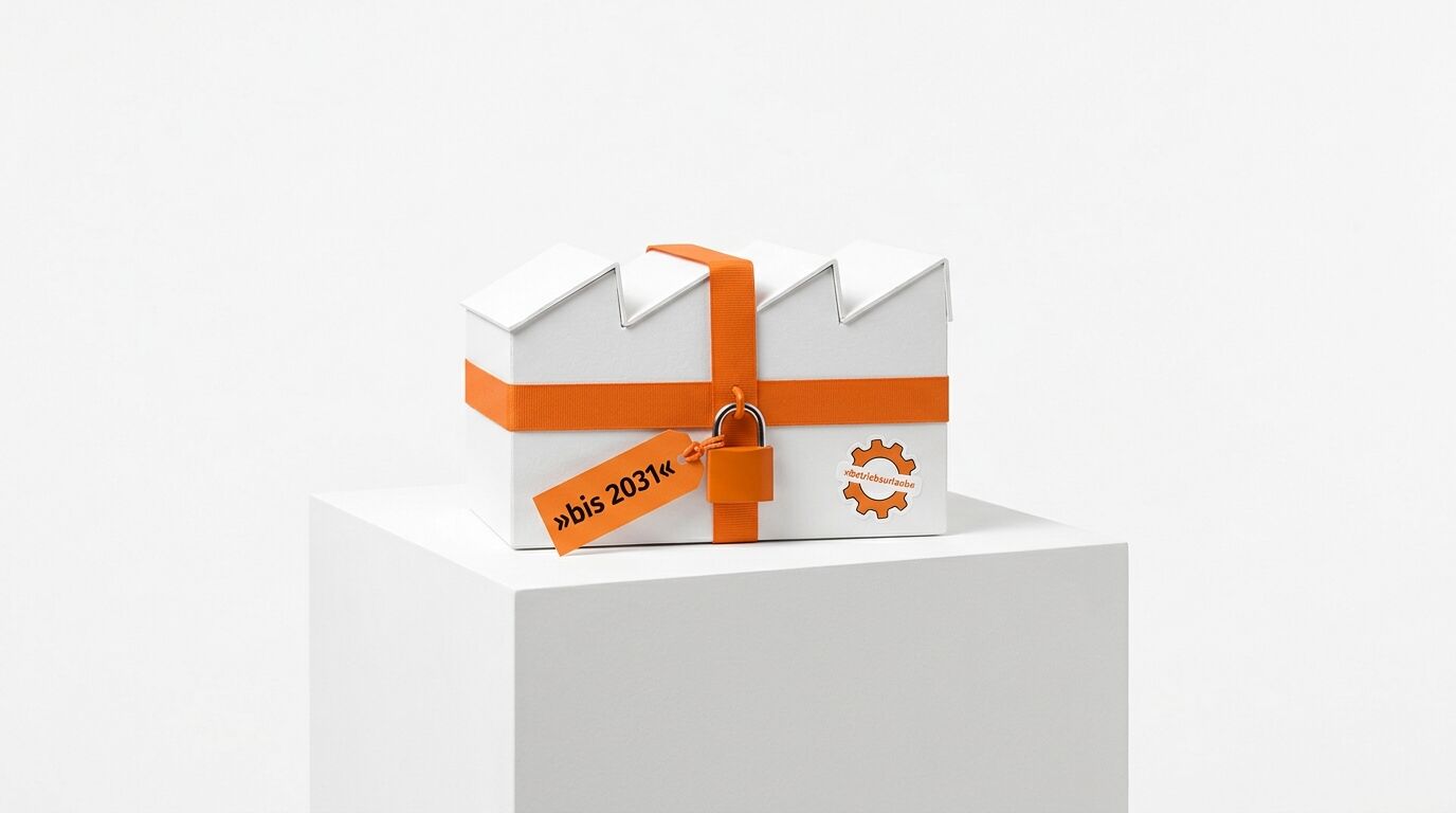 Weiße Geschenkbox in Fabrikform mit orangefarbenem Band, Schloss und Anhänger »bis 2031«