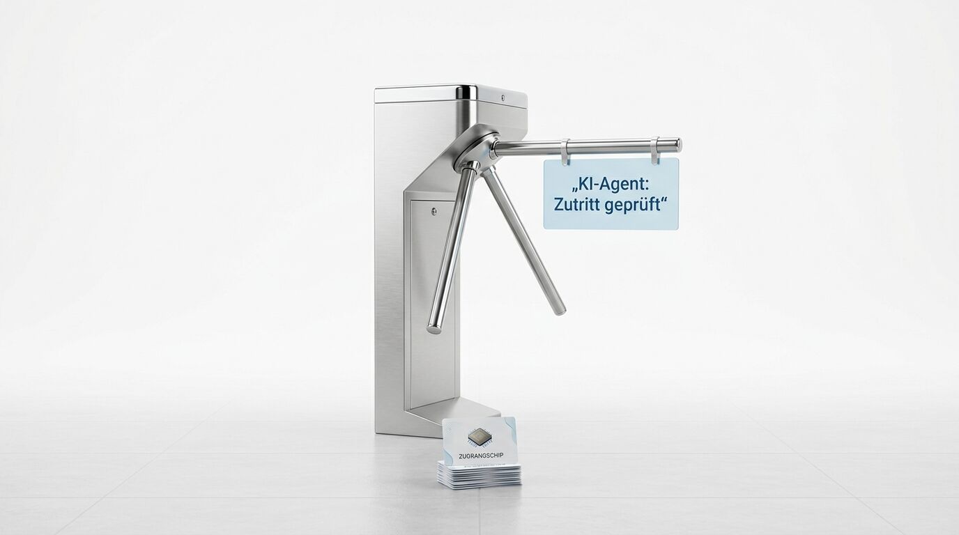 Edelstahl-Drehkreuz mit Schild „KI-Agent: Zutritt geprüft“ und Stapel Zugangskarten