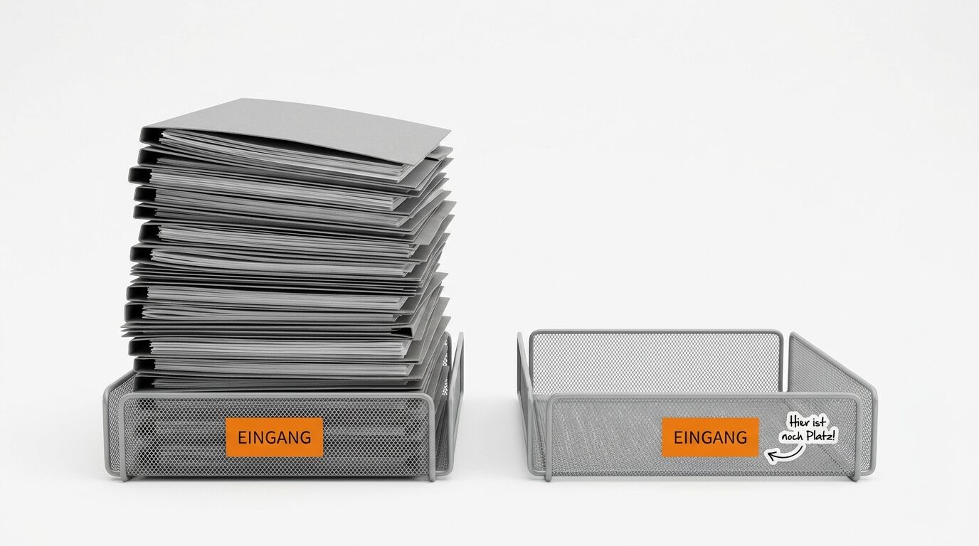 Volle und leere Draht-Briefablage mit „EINGANG“-Label und Textblase nebeneinander